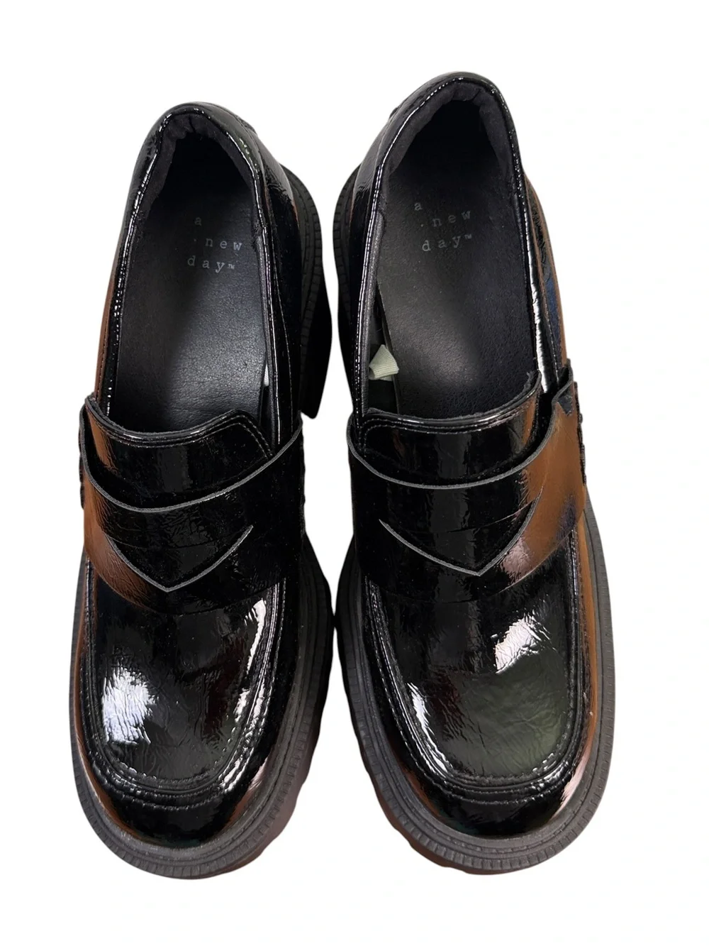 A New Day Black Patent Platform Loafers Size 9 Chunky Lug Sole Block Heel